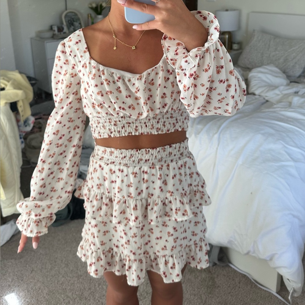 Floral Long Sleeve Crop Top and Skirt Set